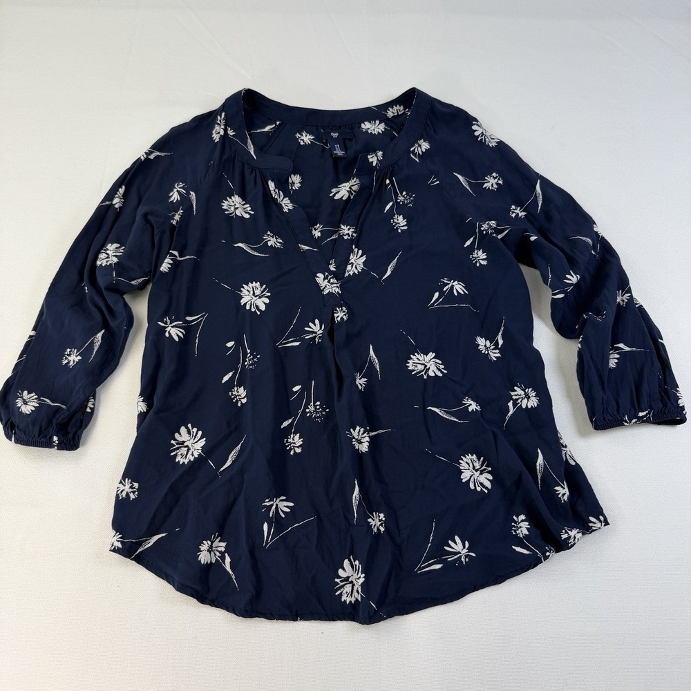 GAP Blue Size S Blouse 3/4 Sleeve Relaxed Top Floral Boho Cottage‎ Summer Flowy